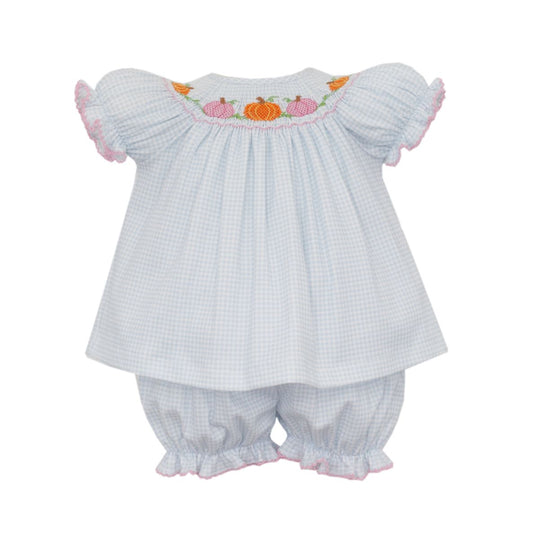Smocked Pumpkins - Blue Gingham Knit Bishop Bloomer Set