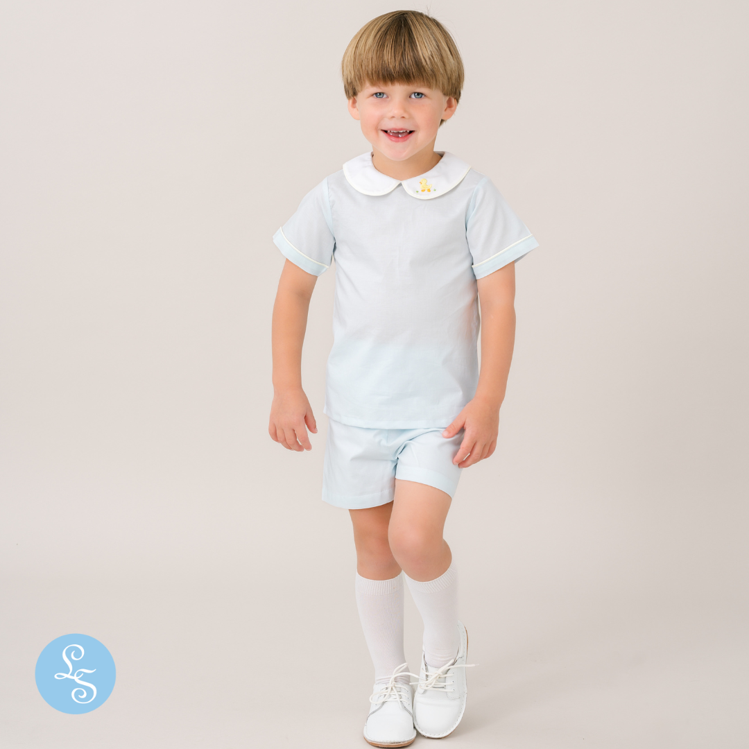 Sibley Short Set - Blessings Blue with Duck Embroidery
