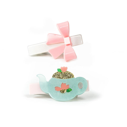 Teapot and Pink Bow Hair Clip Pack
