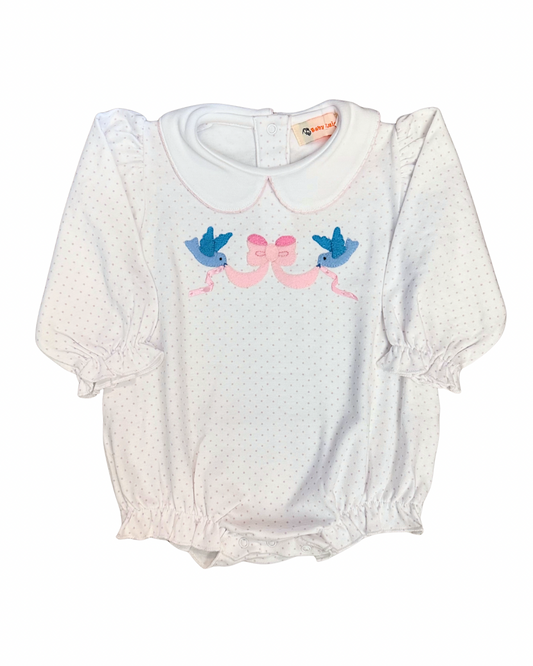 Luigi Ruffled Bubble - Bluebirds on Lavender Bitty Dot