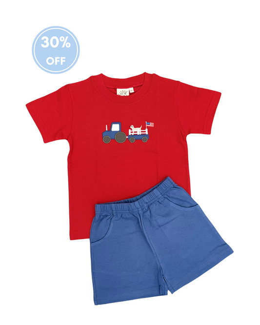 Luigi Tractor w/Lab and Flag Short Set - Red with Slate Blue