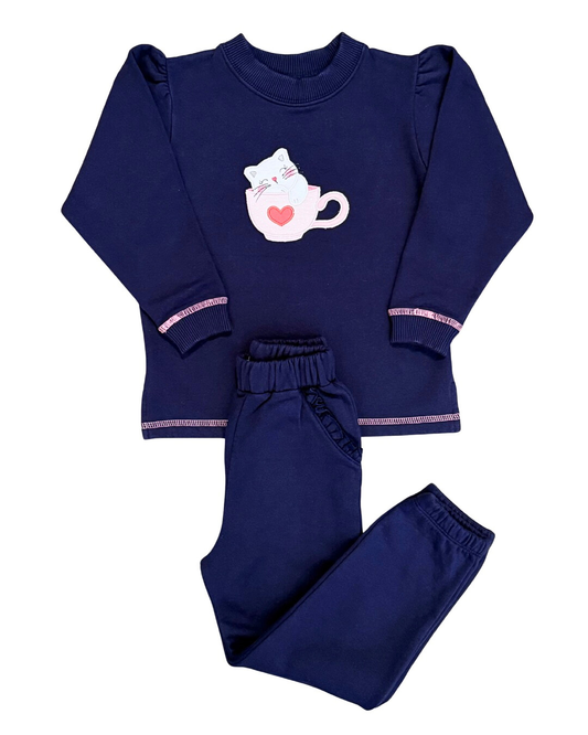 Luigi Fleece Sweatsuit - Teacup Kitten on Navy w/Light Pink Stitching