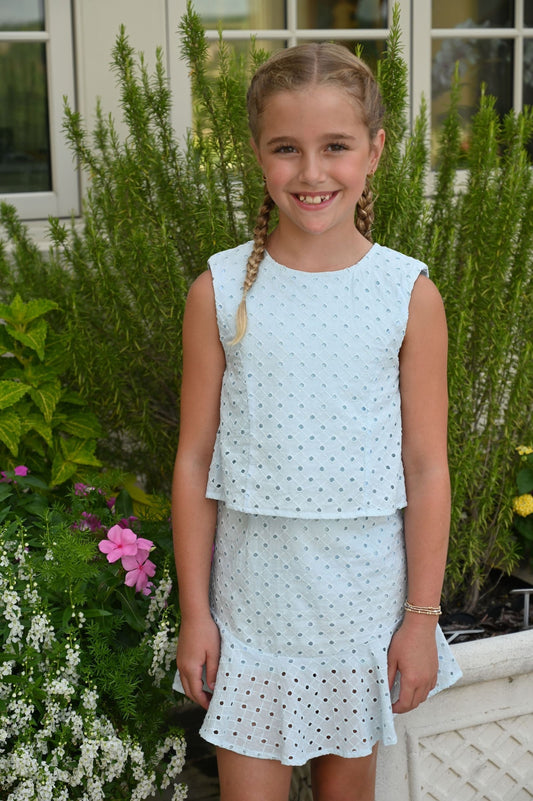 Pleat Cleo Dress - Light Aqua Eyelet