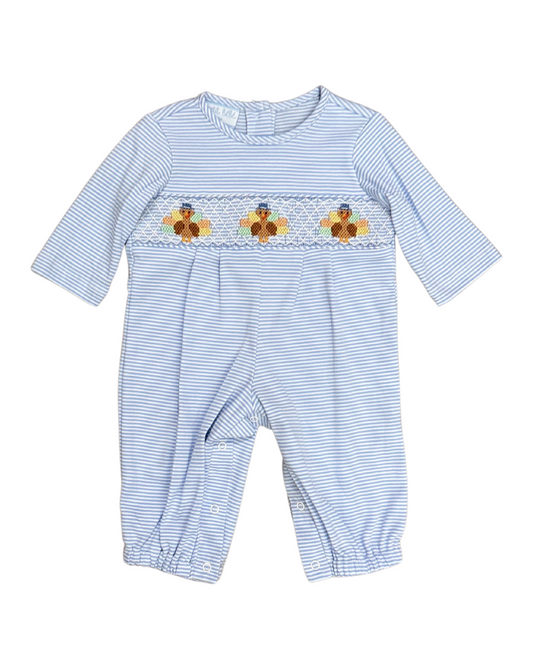Smocked Turkey - Blue Stripe Knit Romper