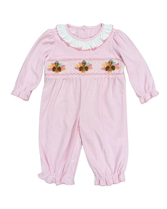 Smocked Turkey - Pink Stripe Knit Romper