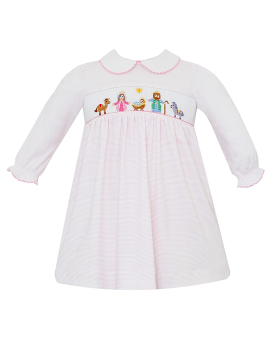 Nativity Smocked Knit - Light Pink Striped Dress