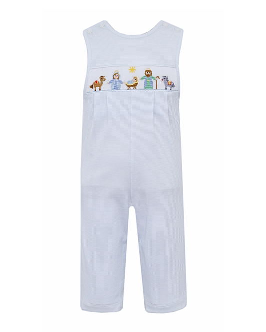 Nativity Smocked Knit - Light Blue Stripe Long Jon Jon