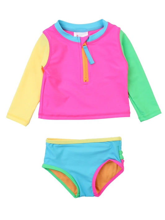 Neon Color Block - Long Sleeve Zipper Rash Guard 2-Piece