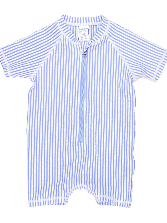 Periwinkle Blue Seersucker Baby Boys Short Sleeve One Piece Rash Guard