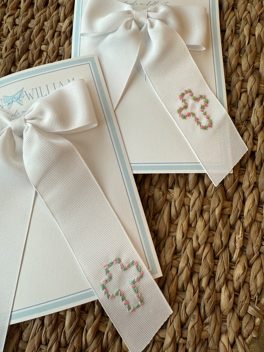 Floral Cross Hand-Embroidered White Grosgrain Bow - Medium (Multiple Colors)