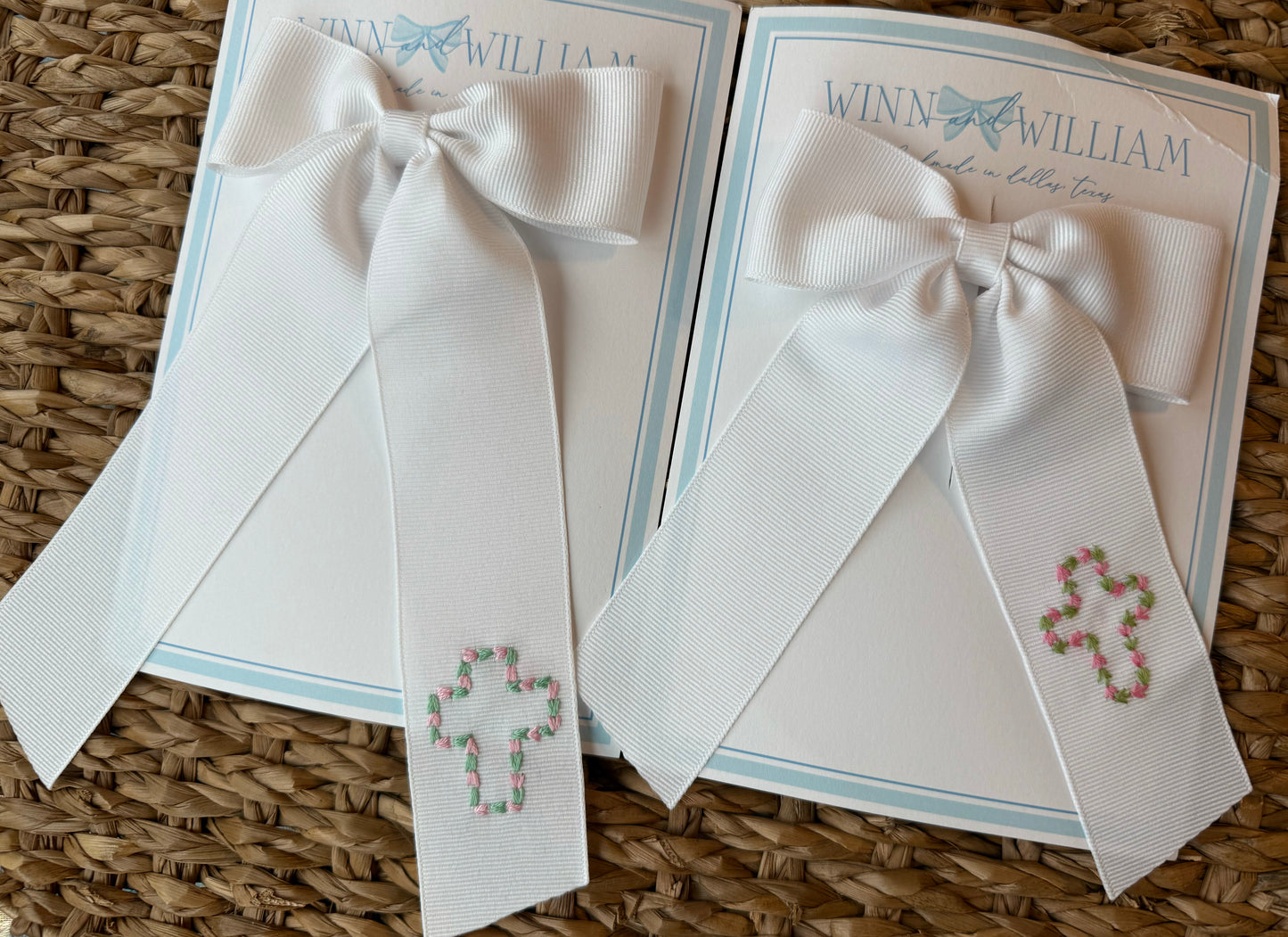 Floral Cross Hand-Embroidered White Grosgrain Bow - Medium (Multiple Colors)