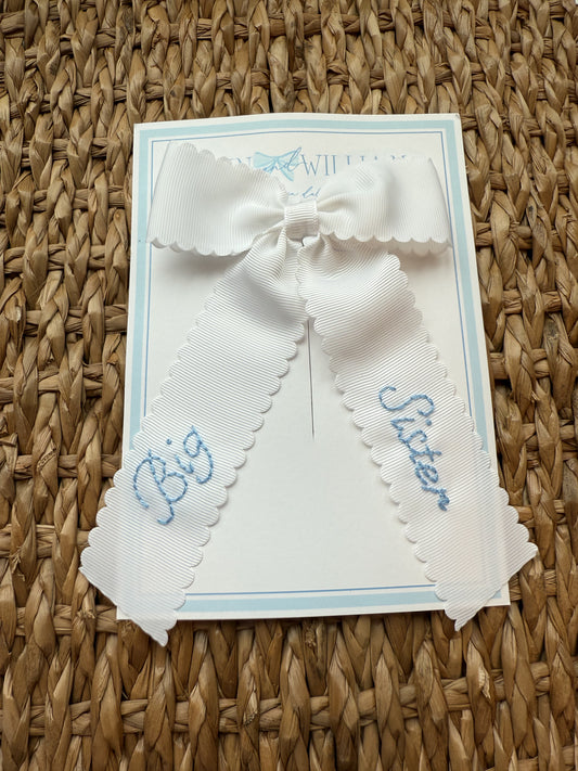Big Sister Hand-Embroidered White Grosgrain Bow - Medium (Multiple Colors)