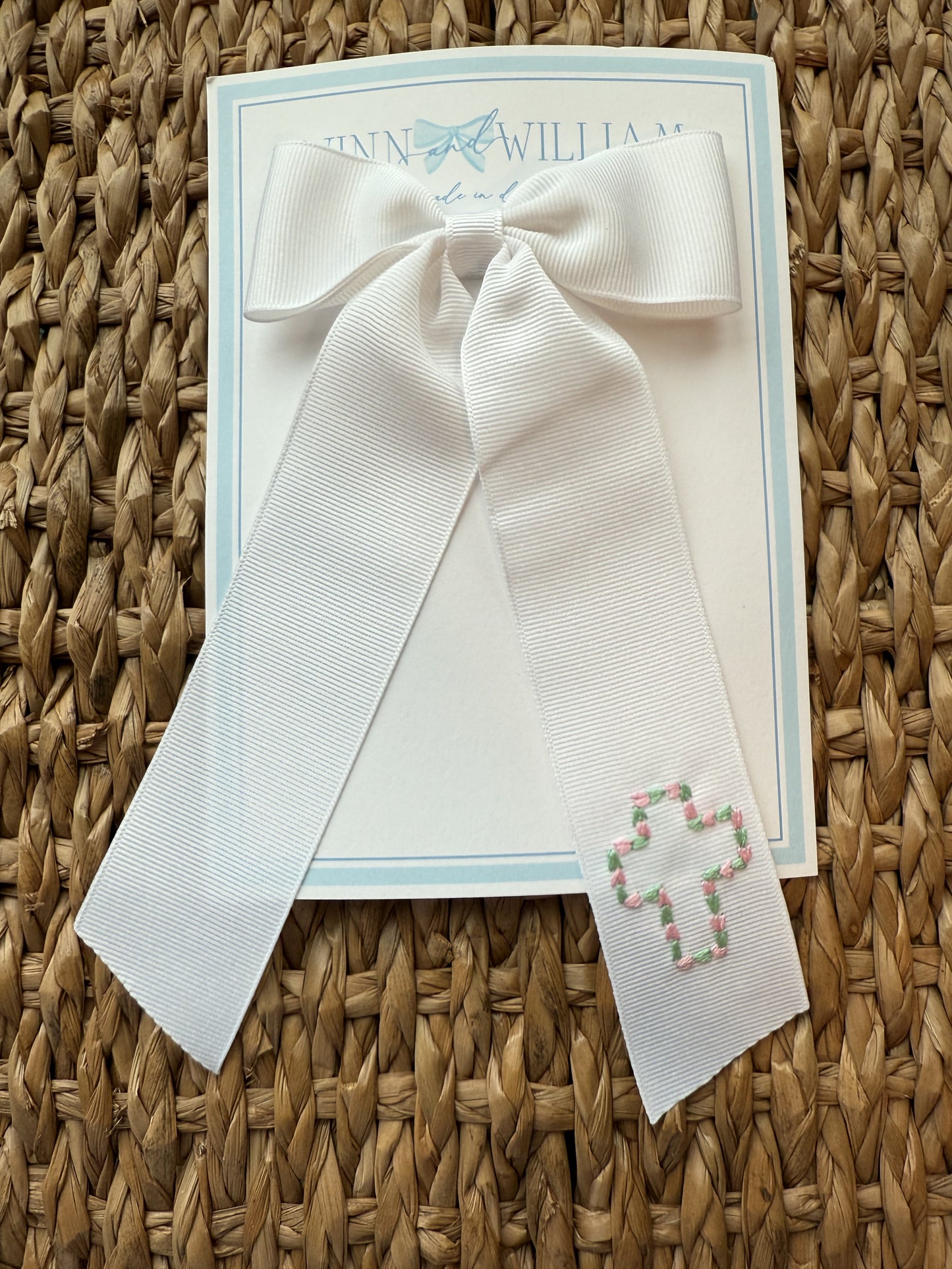 Floral Cross Hand-Embroidered White Grosgrain Bow - Medium (Multiple Colors)
