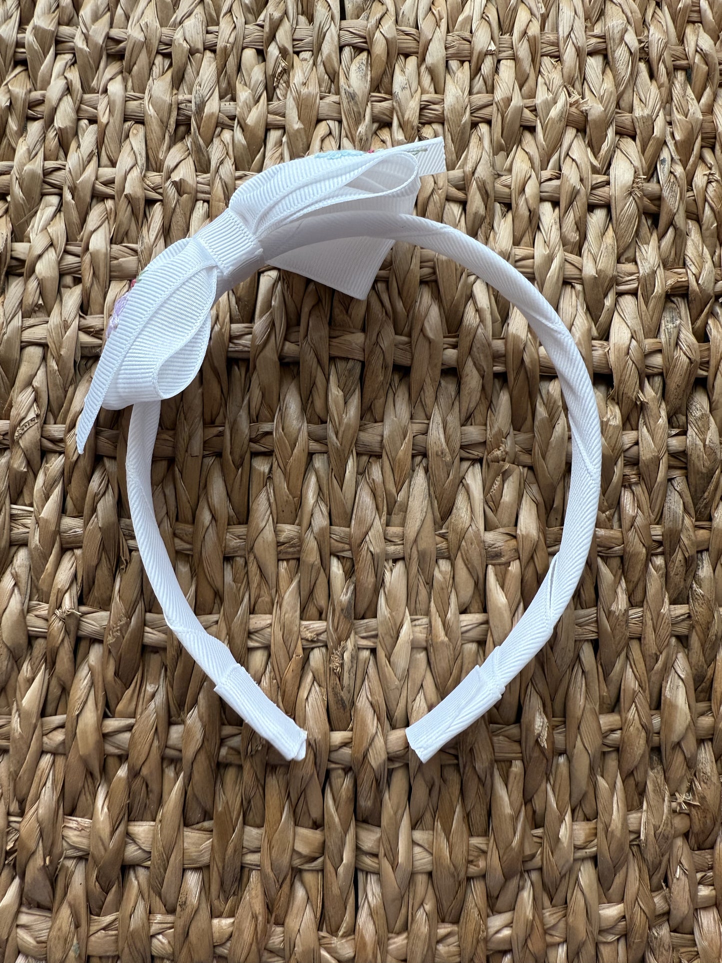 Bouquet of Flowers Hand-Embroidered White Grosgrain Headband
