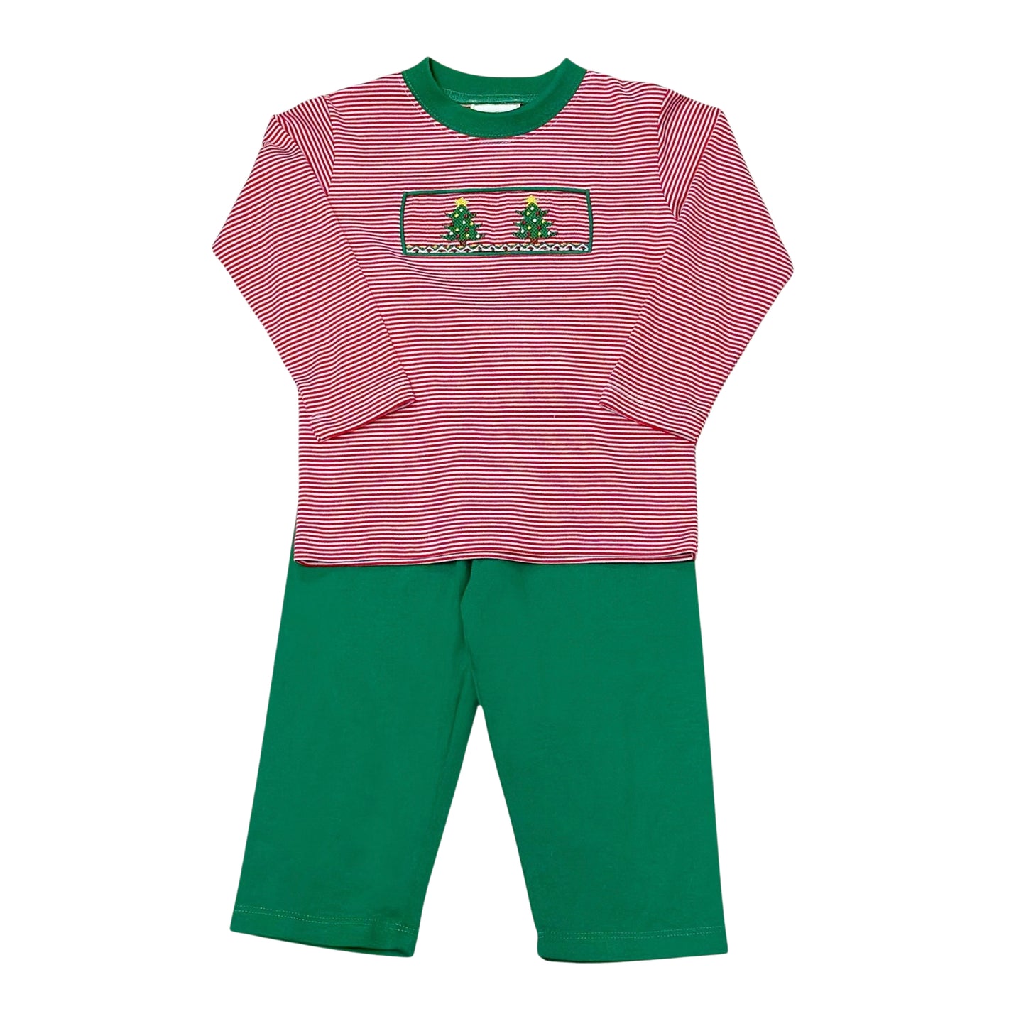 Christmas Tree Smocked Bitty Stripe Knit - Pant Set