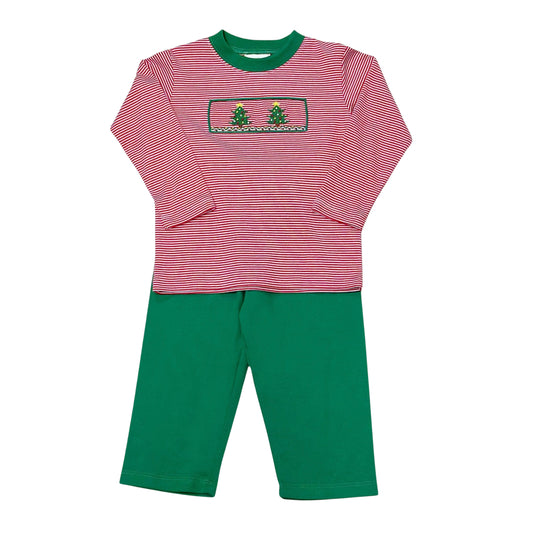 Christmas Tree Smocked Bitty Stripe Knit - Pant Set