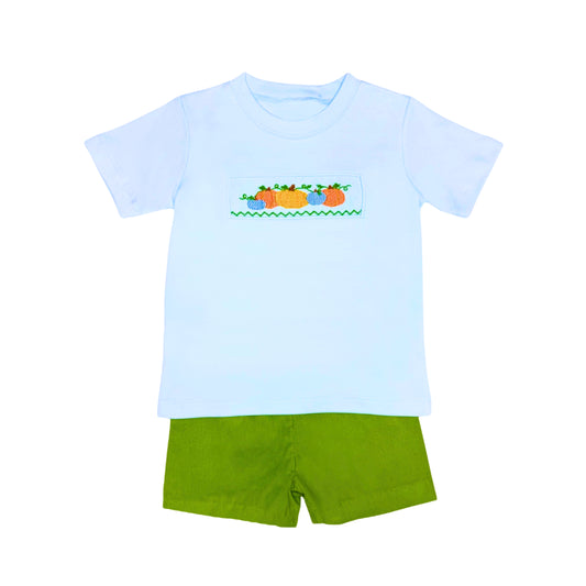 Pumpkin Smocked - Light Blue Tee & Green Cord Short Set