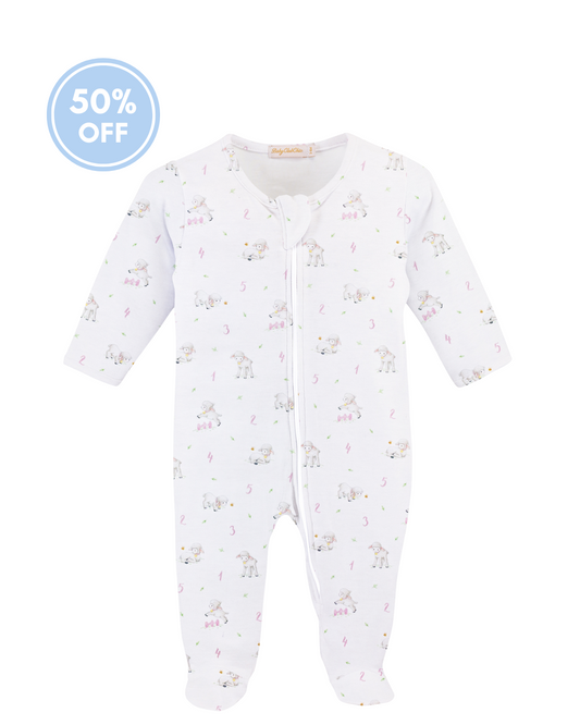 Counting Sheep Printed Zipped Footie - Pink