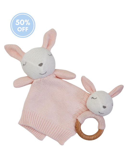 Knitted Baby Bunny Snuggle and Rattle Set