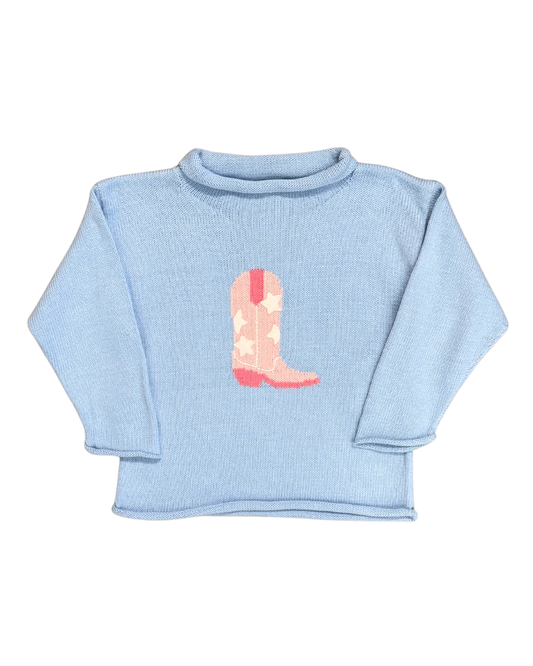 Claver Sweater - Cowgirl Boot on Sky Blue