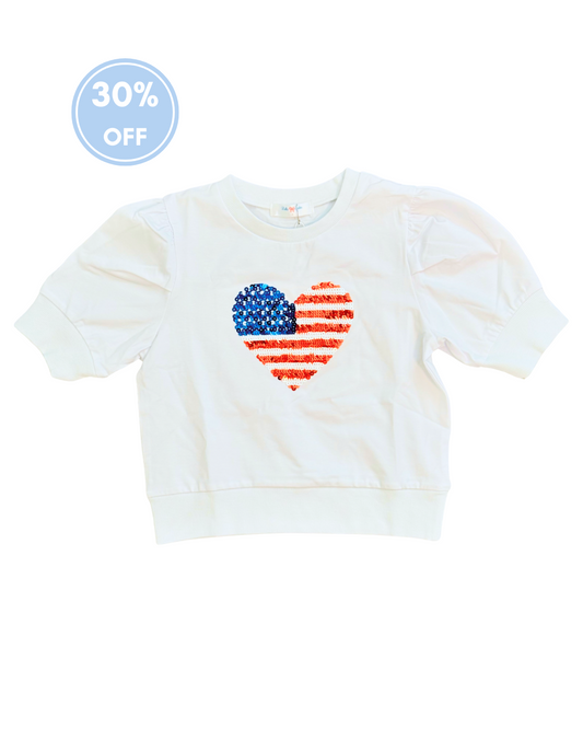 Lily Top - Sequined American Flag Heart on White