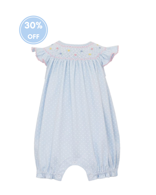 Lisa Smocked Bishop Bubble - Lt. Blue Knit w/White Polka Dots