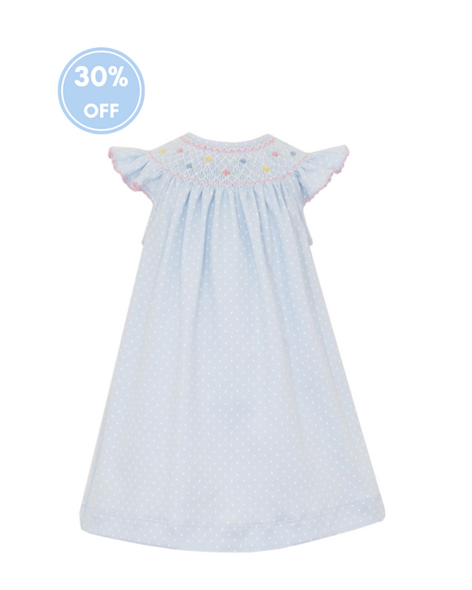 Lisa Smocked Bishop Dress - Lt. Blue Knit w/White Polka Dots