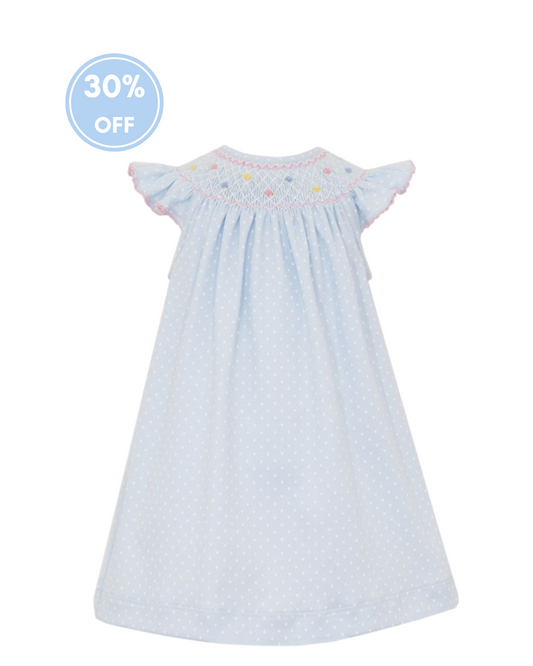 Lisa Smocked Bishop Dress - Lt. Blue Knit w/White Polka Dots