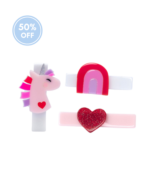 Unicorn Glitter Heart Hair Clips, 3-Pack