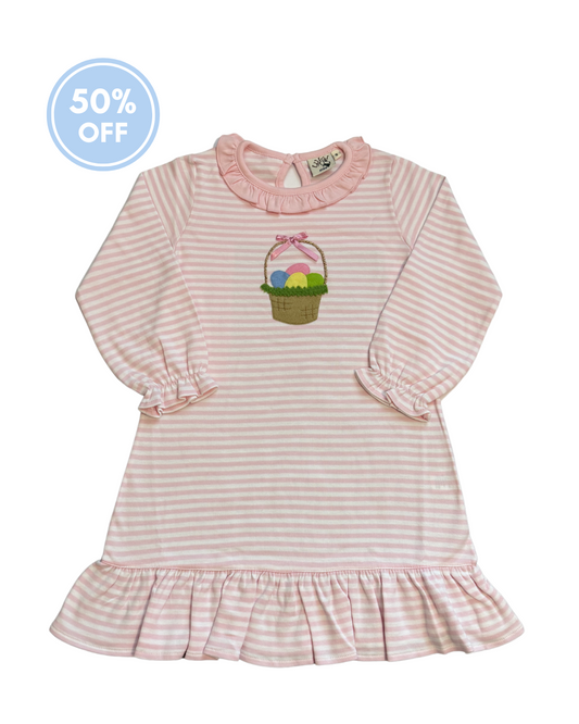 Luigi Easter Basket with Bow on Pink Stripe L/S Dress