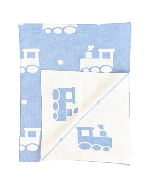 Luigi Light Blue Trains Knitted Blanket