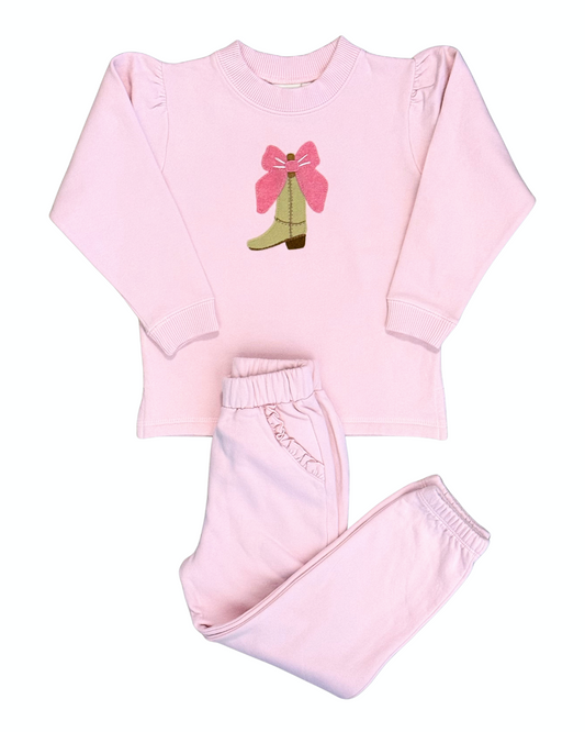 Luigi Fleece Sweatsuit - Cowgirl Boot w/Bow