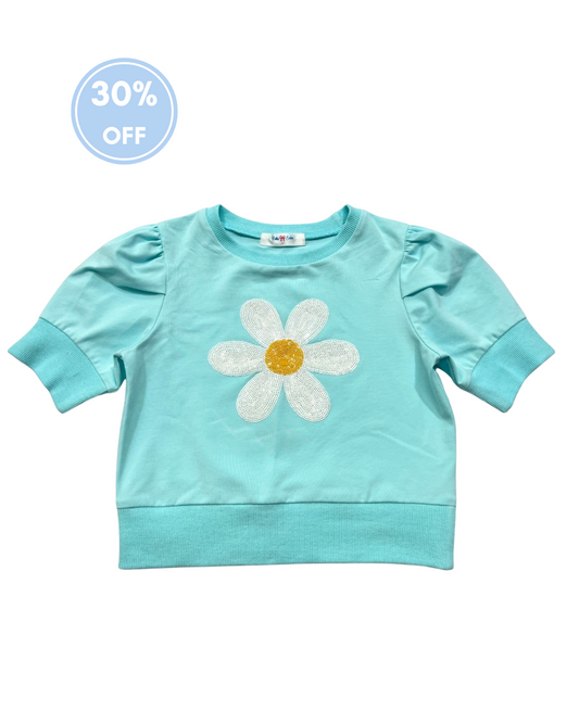 Lily Top - Sequined Daisy on Aqua