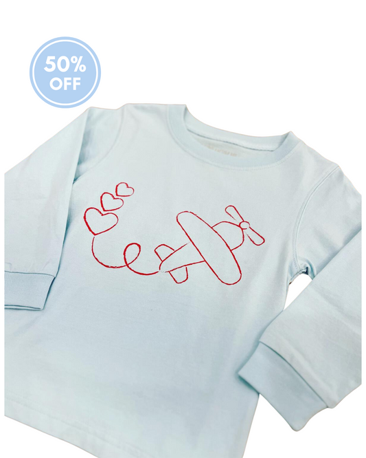 Light Blue Valentine Airplane with Hearts Long Sleeve T-shirt