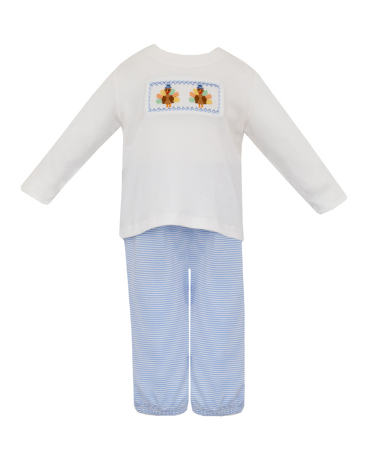 Smocked Turkey - Blue Stripe Knit Bubble Pant Set
