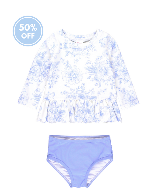 Periwinkle Butterfly Garden - Scalloped Long Sleeve Rash Guard Bikini