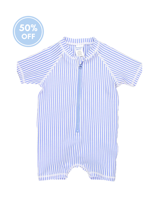 Periwinkle Blue Seersucker Baby Boys Short Sleeve One Piece Rash Guard
