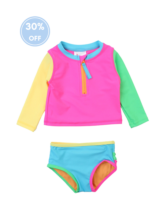 Neon Color Block - Long Sleeve Zipper Rash Guard 2-Piece