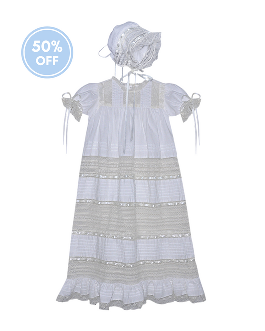 Taylor Christening Gown and Bonnet Set - White with Ecru