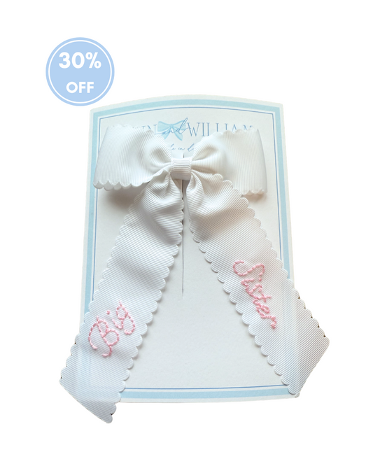 Big Sister Hand-Embroidered White Grosgrain Bow - Medium (Multiple Colors)