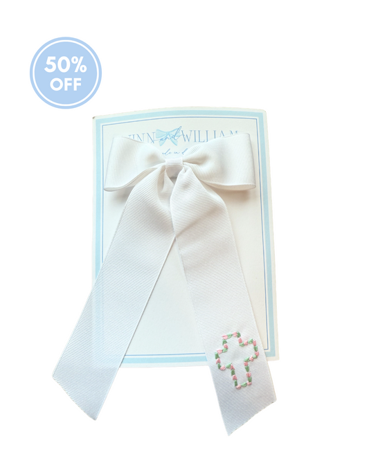Floral Cross Hand-Embroidered White Grosgrain Bow - Medium (Multiple Colors)