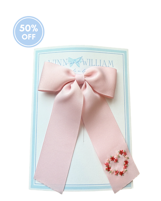 Floral Heart Hand-Embroidered Pink Grosgrain Bow - Medium