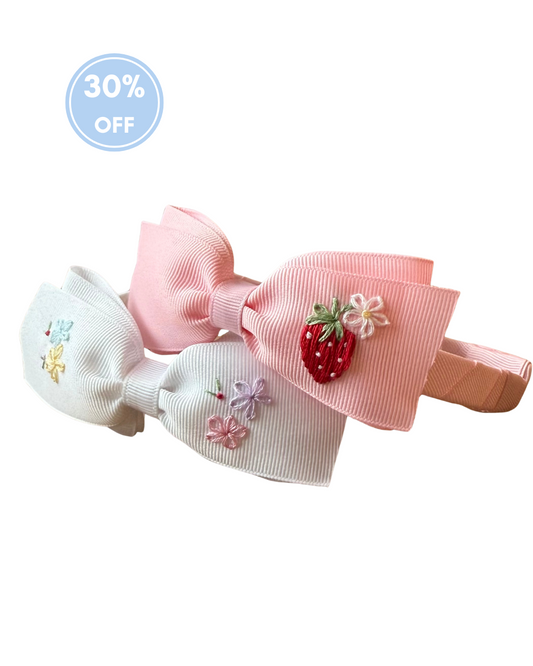 Strawberry Hand-Embroidered Pink Grosgrain Headband