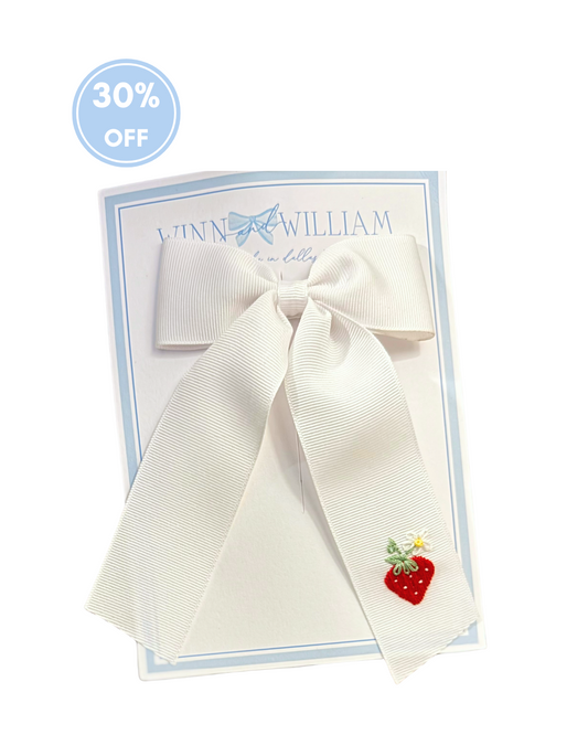 Strawberry Hand-Embroidered White Grosgrain Bow - Medium